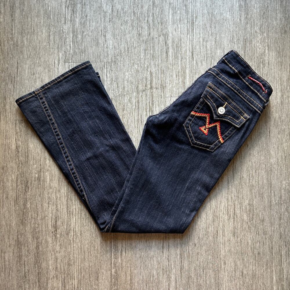 Vigoss Dark Wash Embroidered Pockets Asymmetrical Flare Bootcut Y2K Jeans Size 7